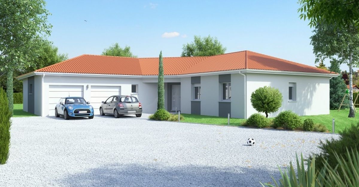 Maison de plain-pied en V de 110 m² avec garage attenant, réalisation Maisons Idéales