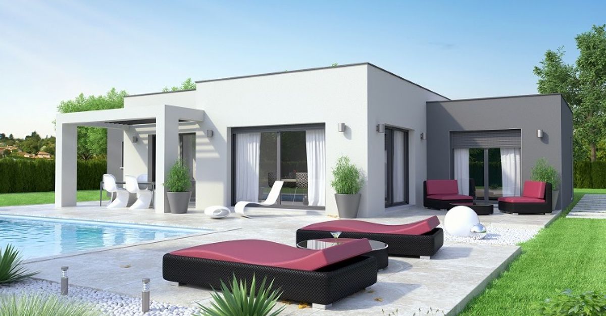 Maison contemporaine de plain-pied de 130 m² à toiture terrasse ouvrant sur une piscine