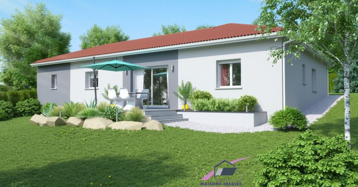Maison de plain-pied en L de 105 m² avec garage, réalisation Maisons Idéales en Rhône-Alpes