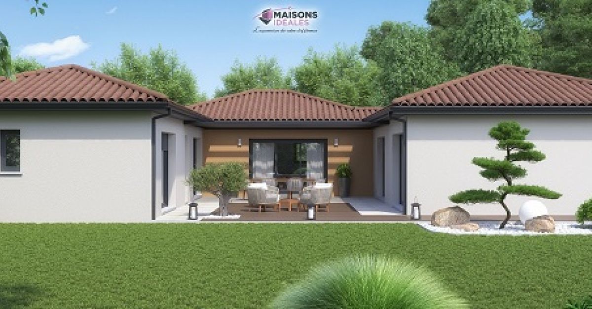 Maison de plain-pied en U de 158 m² avec terrasse centrale abritée, réalisation Maisons Idéales