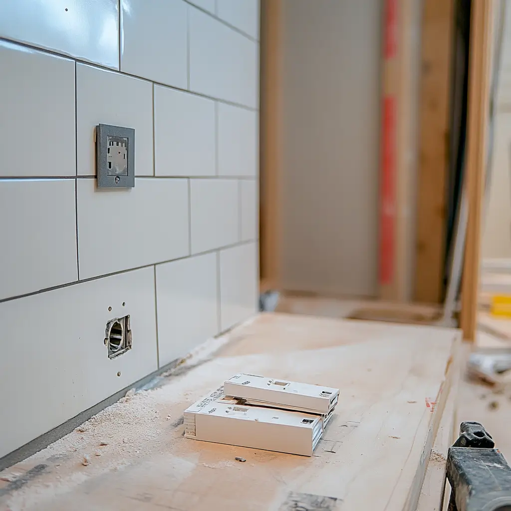 Prise électrique installée hors volume de protection près du meuble vasque d'une salle de bain